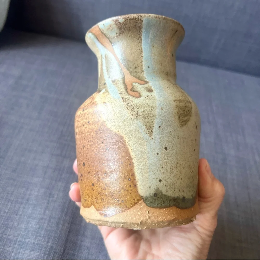 Rustic Brown and Blue Ceramic Vase vintage hand made lovely - Picture 5 of 8